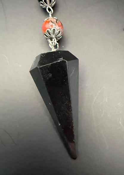 Tourmaline Point Pendulum with Red Brecciated Jasper, Obsidian, and Witch’s Knot Charm.