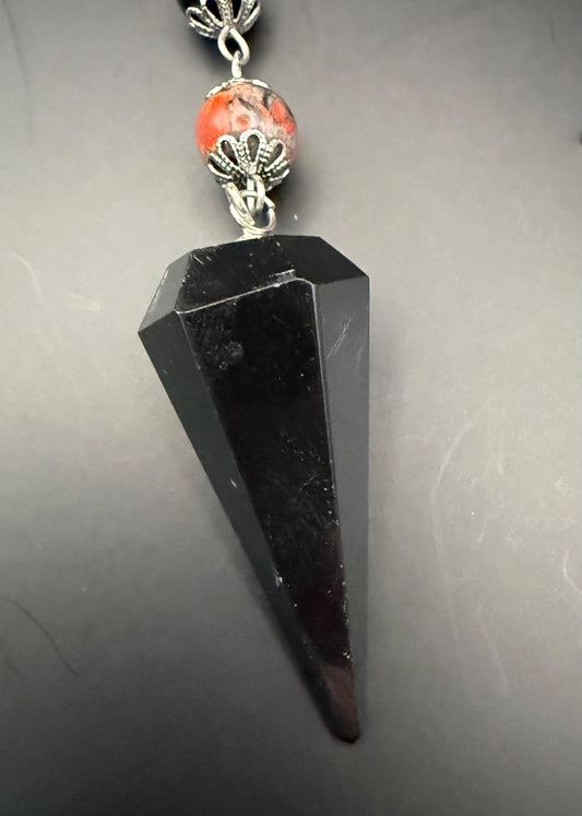 Tourmaline Point Pendulum with Red Brecciated Jasper, Obsidian, and Witch’s Knot Charm.
