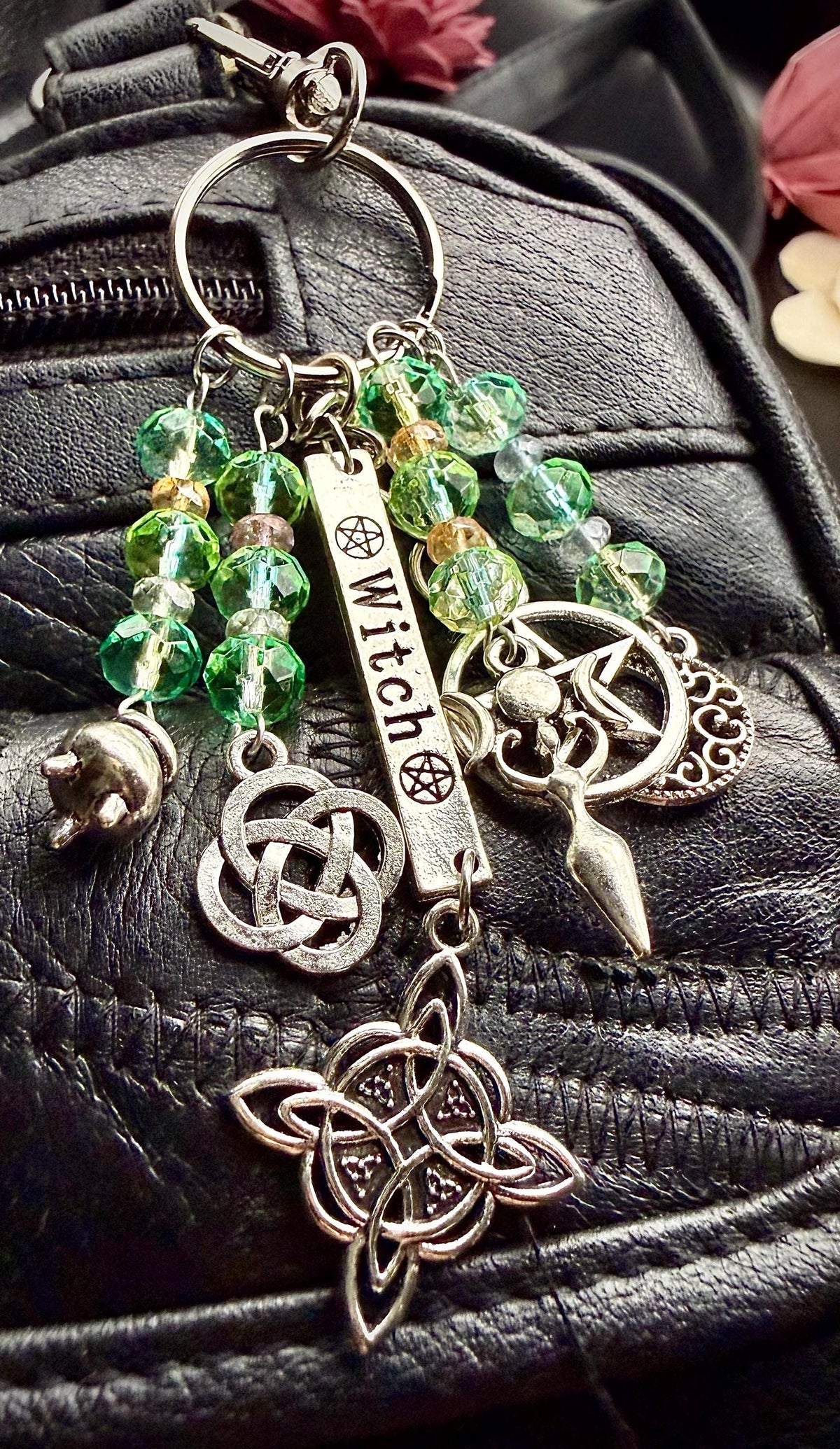 Witch Engraved Key Chain Bag Charm with Iridescent Glass Beads and Witchy Charms.