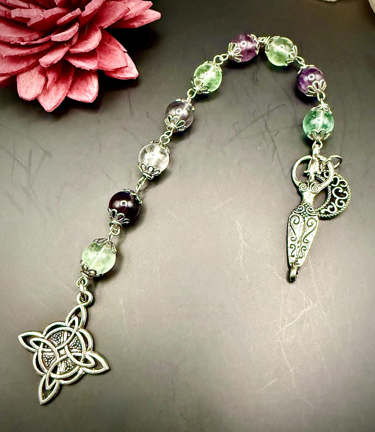 Rainbow Flourite Pagan or Witchcraft Prayer Beads with Goddess and Crescent Moon Charm.
