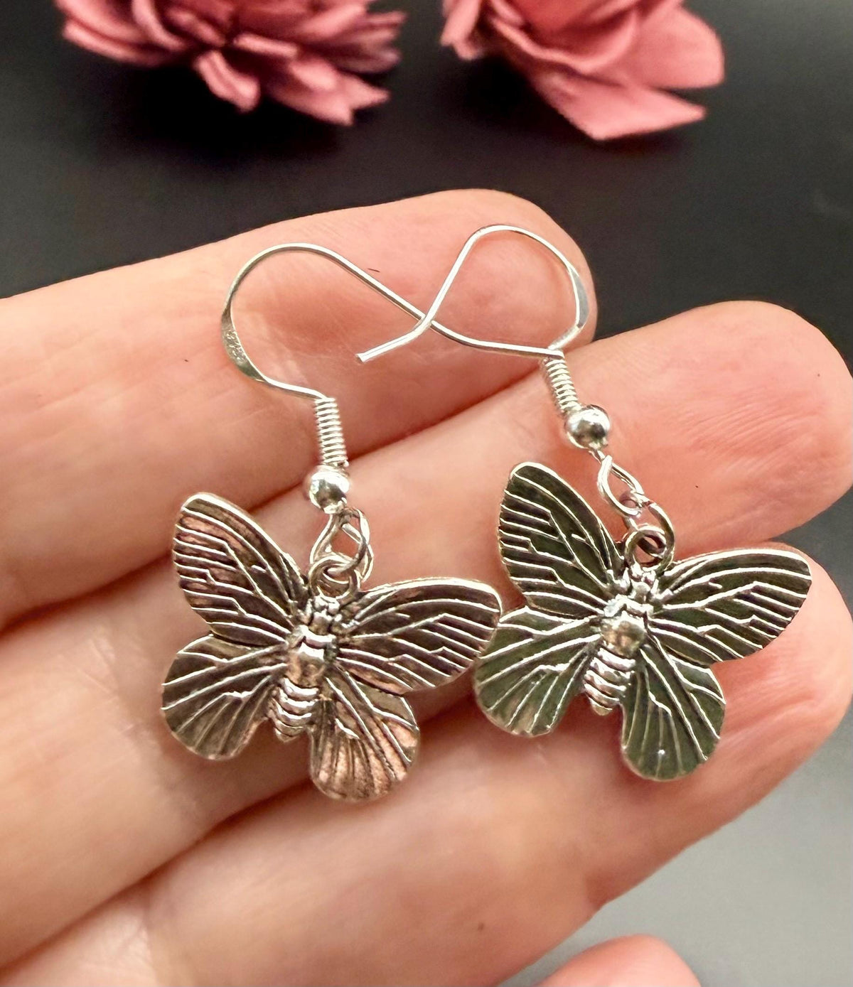 Silver Butterfly Earrings with Sterling Silver Hooks.
