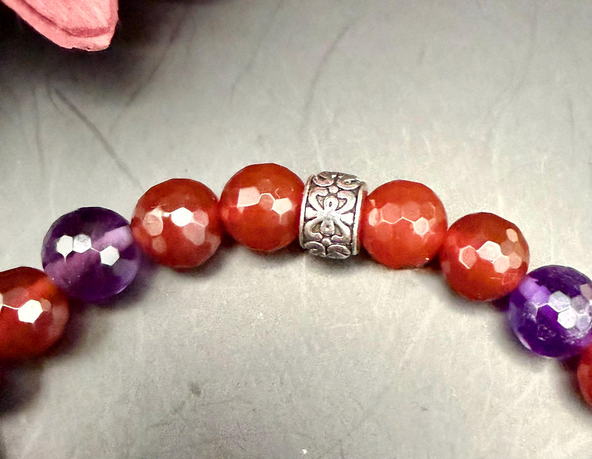 Virgo Zodiac Charm Bracelet with Carnelian and Amethyst Beads.