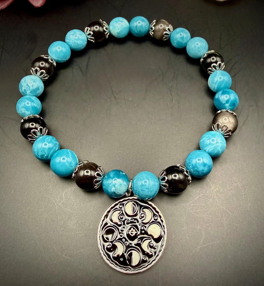 Blue Quartz and Obsidian Beaded Stretch Bracelet with Moon Phases Charm.