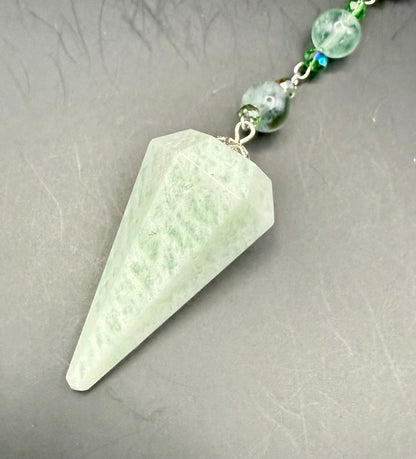 Amazonite Point Handmade Pendulum with Rainbow Fluorite Beads and Witch’s Knot Charm.