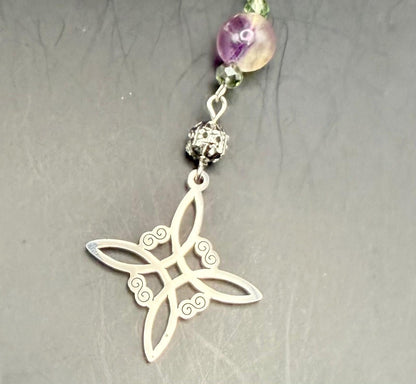 Amazonite Point Handmade Pendulum with Rainbow Fluorite Beads and Witch’s Knot Charm.