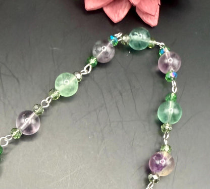 Amazonite Point Handmade Pendulum with Rainbow Fluorite Beads and Witch’s Knot Charm.
