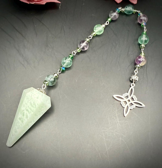 Amazonite Point Handmade Pendulum with Rainbow Fluorite Beads and Witch’s Knot Charm.