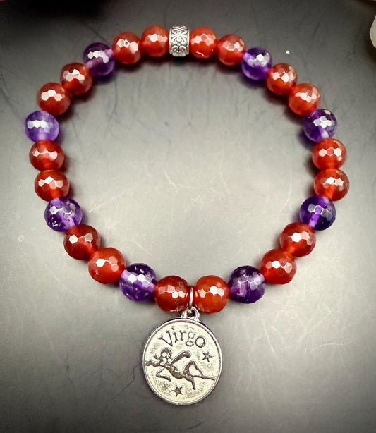 Virgo Zodiac Charm Bracelet with Carnelian and Amethyst Beads.