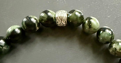 Kambaba Jasper Gemstone Stretch Bracelet with Celtic Knot Charm.