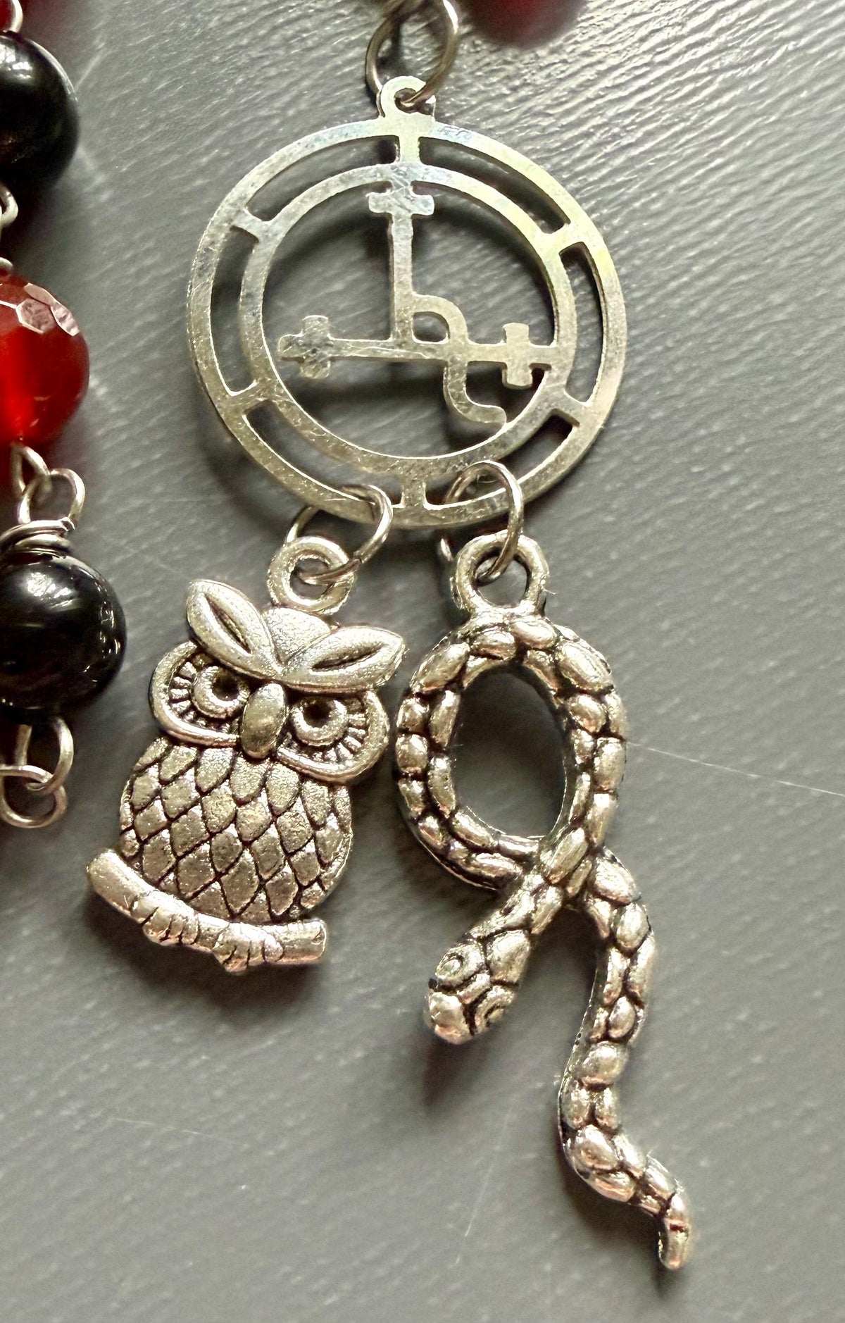 Lilith Sigil Witch’s  Rosary with Carnelian, Obsidian, Owl, and Snake Charm.