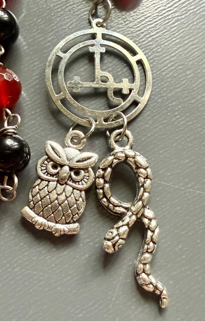 Lilith Sigil Witch’s  Rosary with Carnelian, Obsidian, Owl, and Snake Charm.