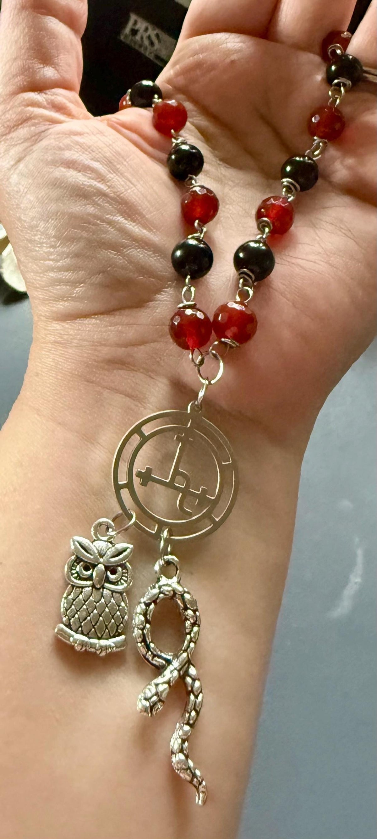 Lilith Sigil Witch’s  Rosary with Carnelian, Obsidian, Owl, and Snake Charm.