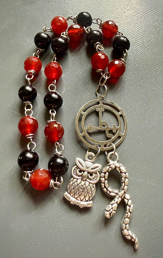 Lilith Sigil Witch’s  Rosary with Carnelian, Obsidian, Owl, and Snake Charm.