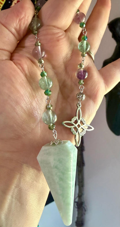 Amazonite Point Handmade Pendulum with Rainbow Fluorite Beads and Witch’s Knot Charm.