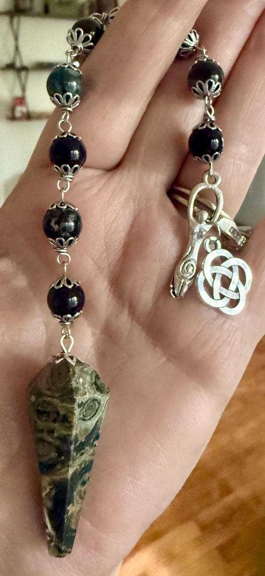 Handmade Kambaba Jasper Point Pendulum with Obsidian Beads.