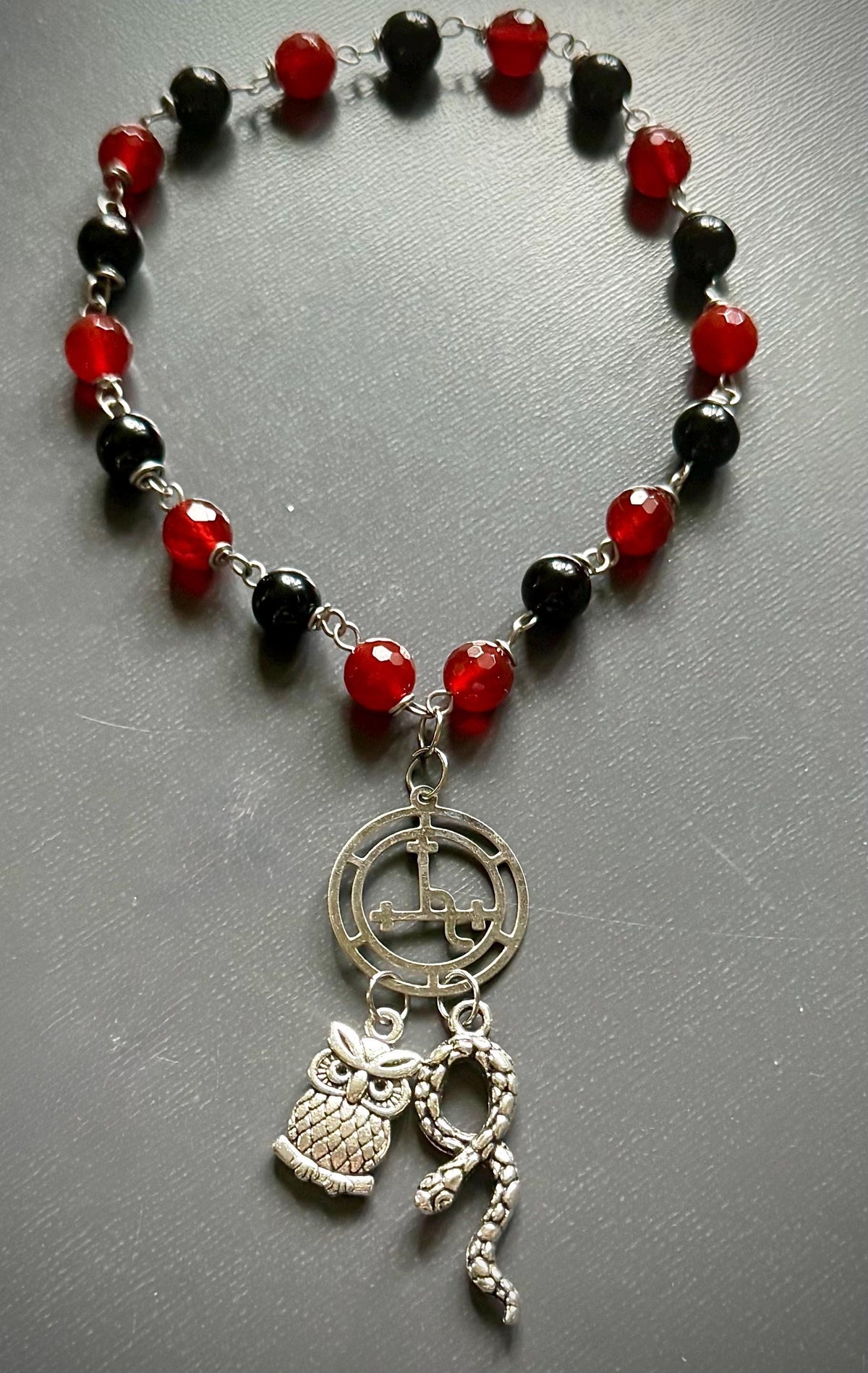Lilith Sigil Witch’s  Rosary with Carnelian, Obsidian, Owl, and Snake Charm.