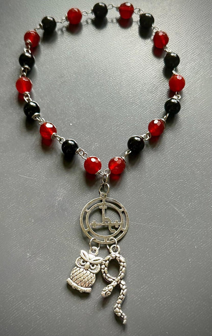 Lilith Sigil Witch’s  Rosary with Carnelian, Obsidian, Owl, and Snake Charm.