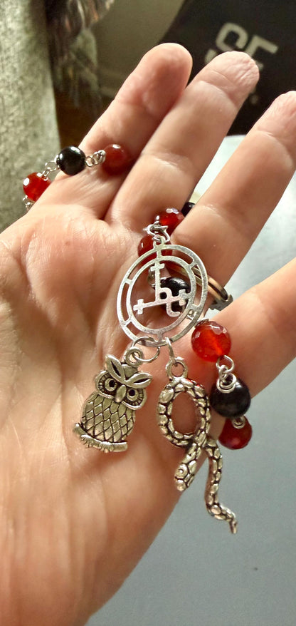 Lilith Sigil Witch’s  Rosary with Carnelian, Obsidian, Owl, and Snake Charm.