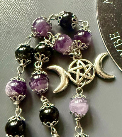 Goddess Hekate Devotional Altar Bundle with Witch’s Rosary, Pendulum , and Black Beeswax Pillar Candle.