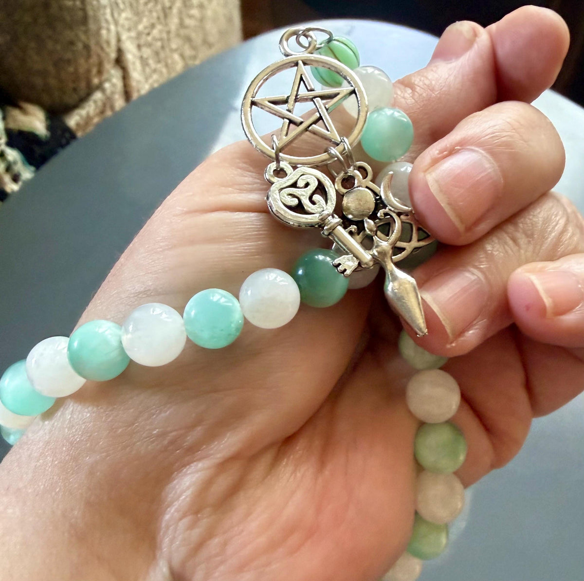 Mala Inspired Witch or Pagan Prayer Beads with Angelite and Moonstone.