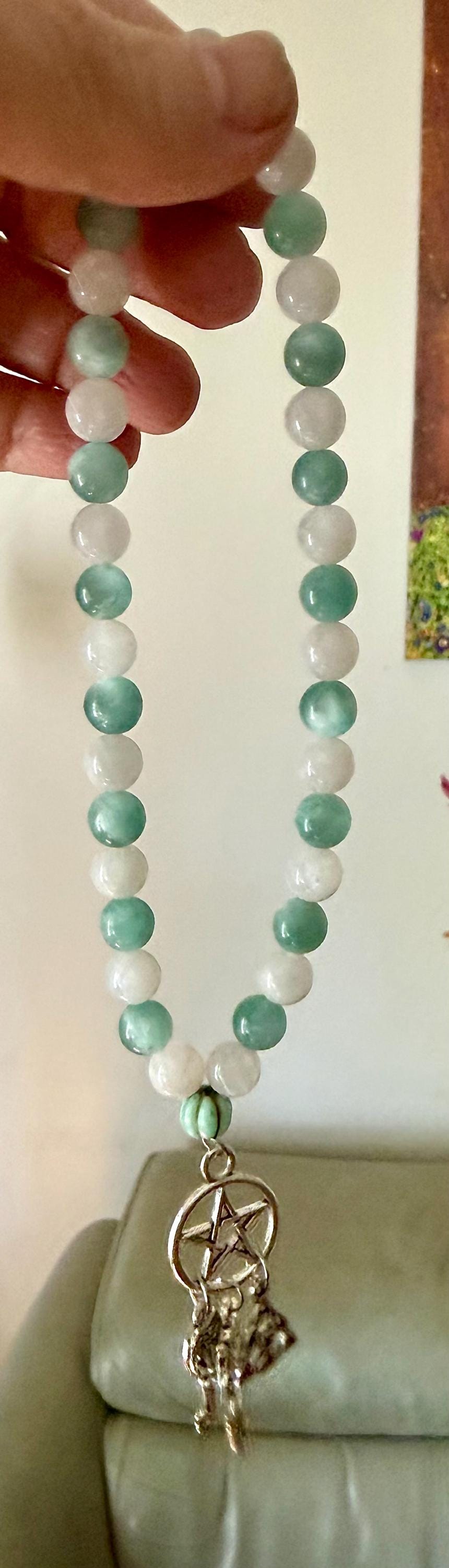 Mala Inspired Witch or Pagan Prayer Beads with Angelite and Moonstone.