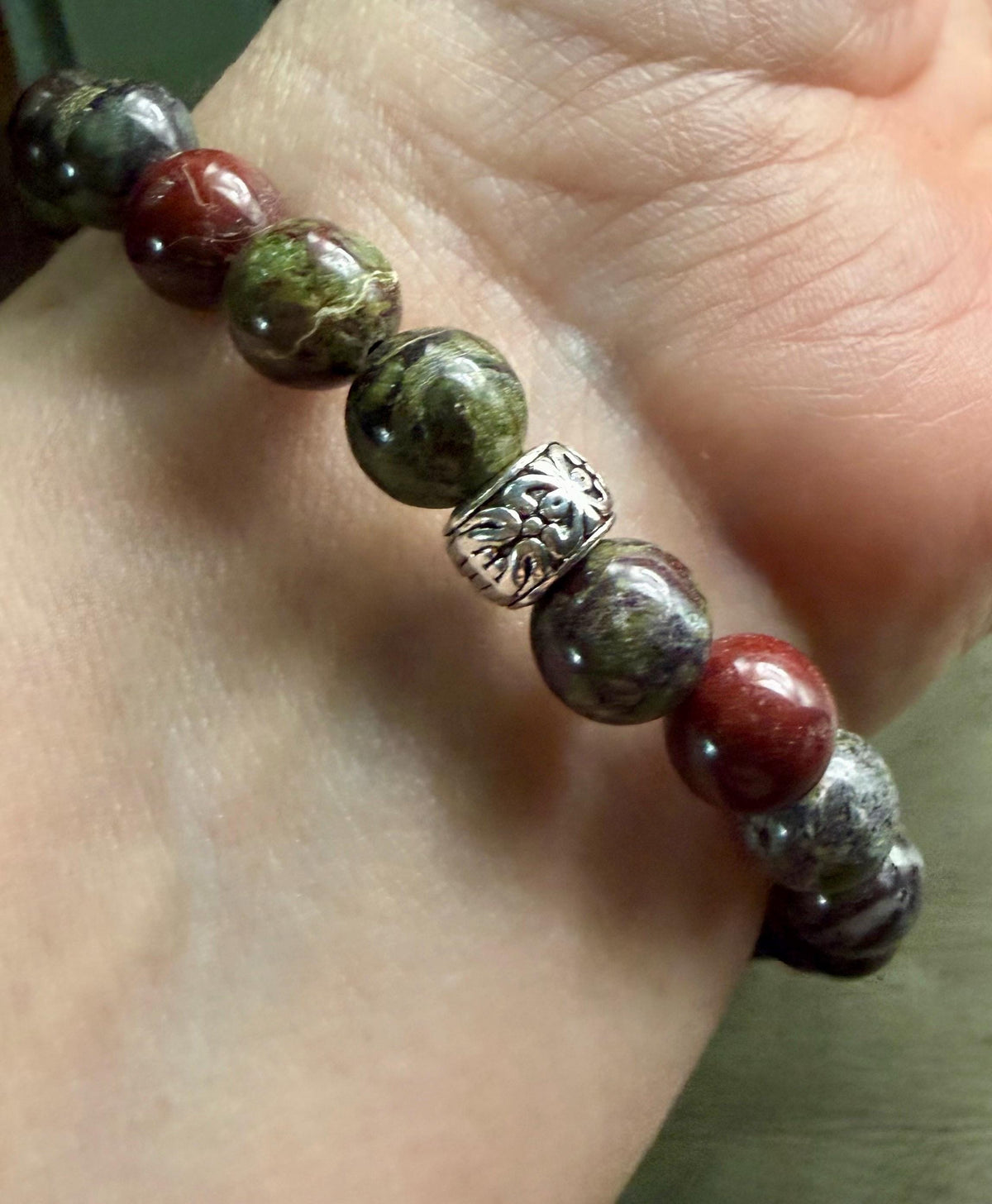 Dragon Bloodstone Jasper Gemstone Stretch Bracelet with Celtic Knot Charm.