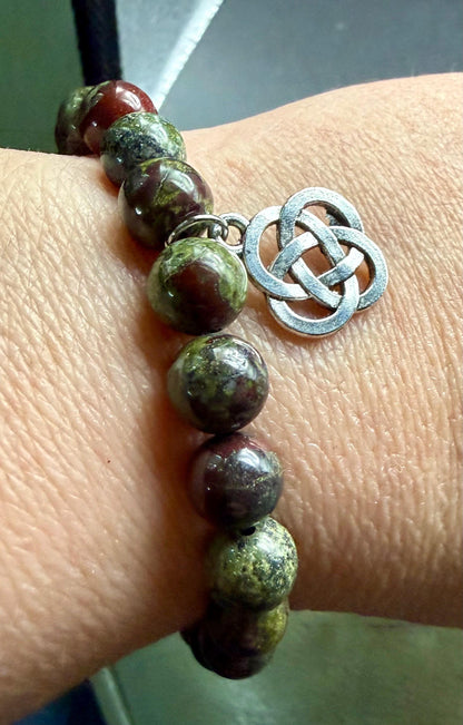 Dragon Bloodstone Jasper Gemstone Stretch Bracelet with Celtic Knot Charm.