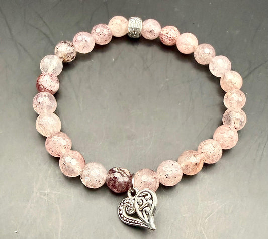 Strawberry Quartz Gemstone Stretch Bracelet with Heart Charm.
