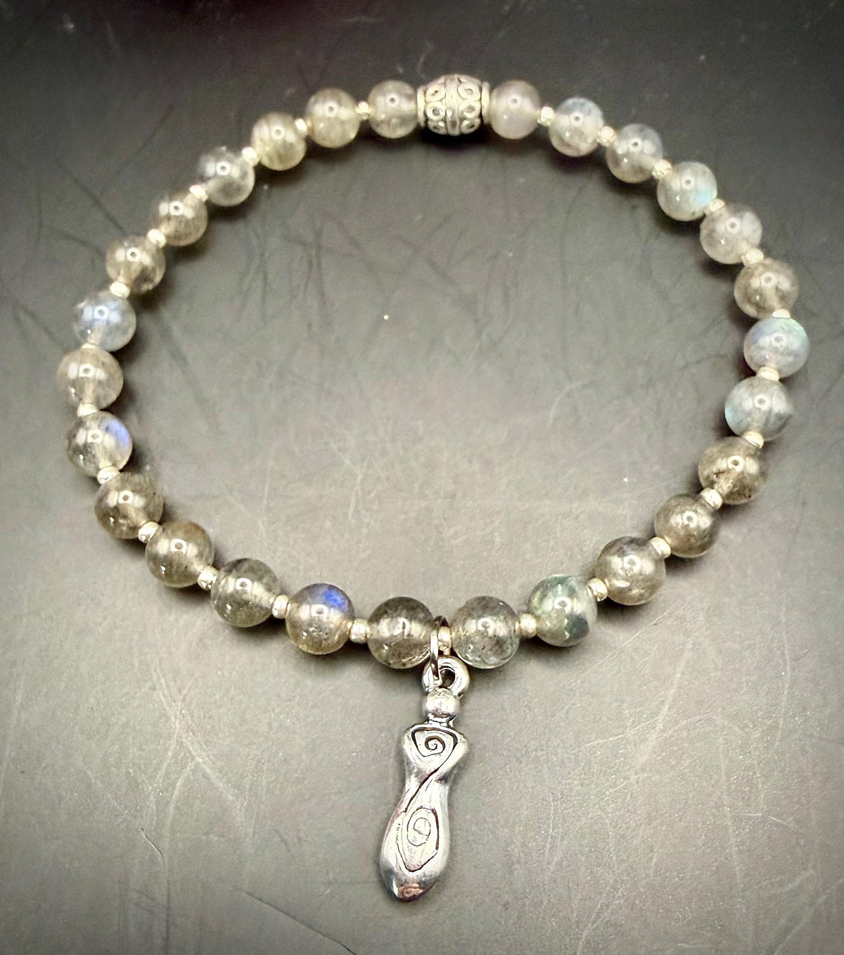 Labradorite Stretch Bracelet with Spiral Goddess Charm.