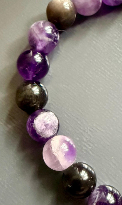 Hekate’s Wheel Strophalos Devotional Bracelet with Amethyst and Black Obsidian Gemstones.
