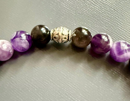 Hekate’s Wheel Strophalos Devotional Bracelet with Amethyst and Black Obsidian Gemstones.