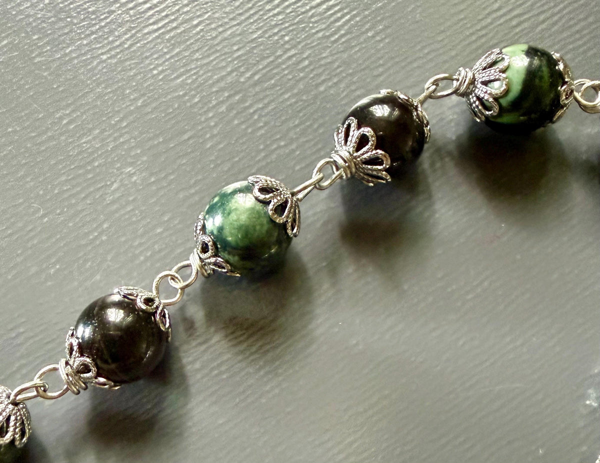 Handmade Kambaba Jasper Point Pendulum with Obsidian Beads.