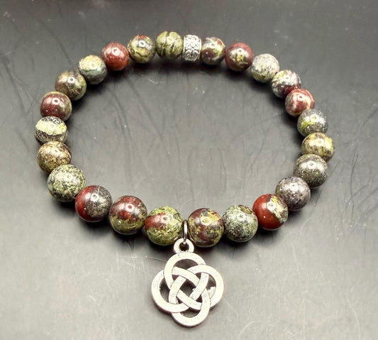 Dragon Bloodstone Jasper Gemstone Stretch Bracelet with Celtic Knot Charm.
