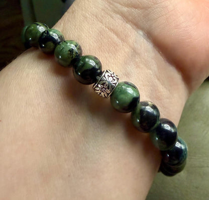 Kambaba Jasper Gemstone Stretch Bracelet with Celtic Knot Charm.