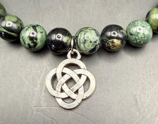 Kambaba Jasper Gemstone Stretch Bracelet with Celtic Knot Charm.