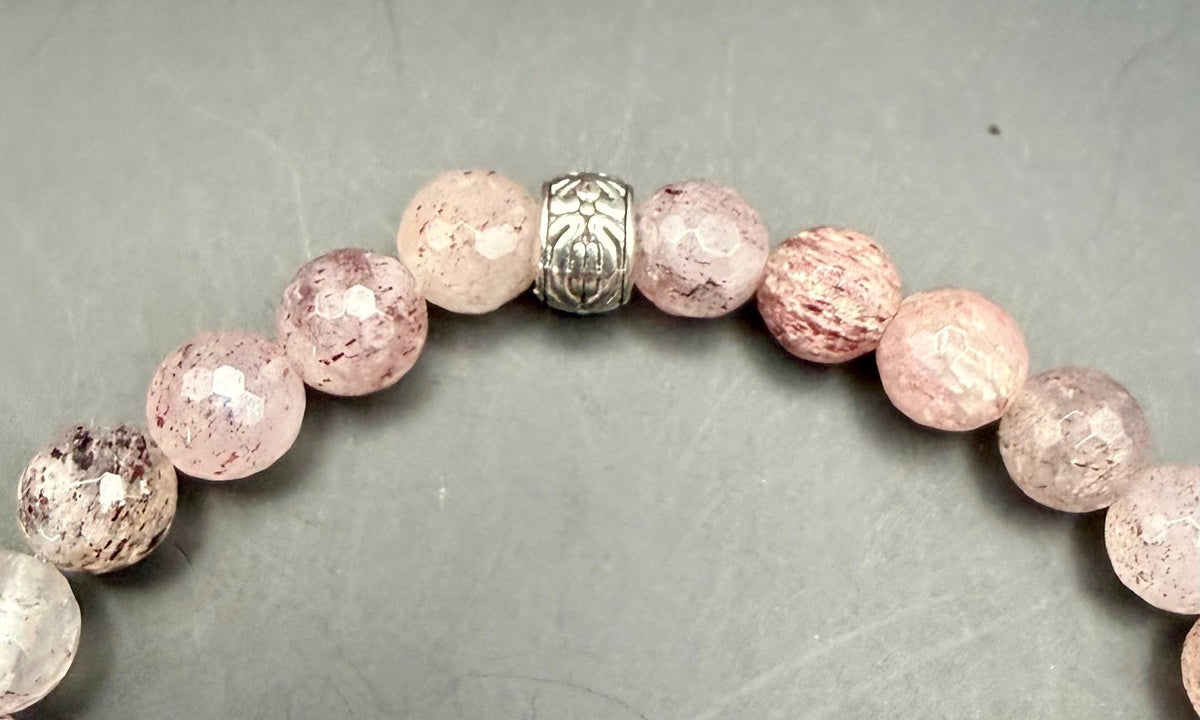 Strawberry Quartz Gemstone Stretch Bracelet with Heart Charm.
