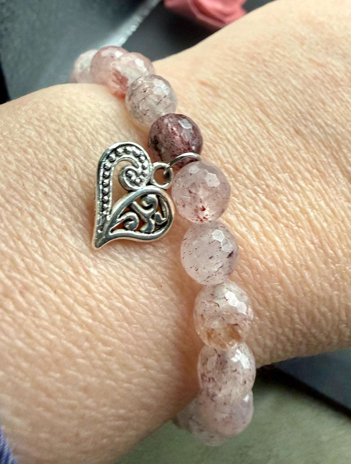 Strawberry Quartz Gemstone Stretch Bracelet with Heart Charm.