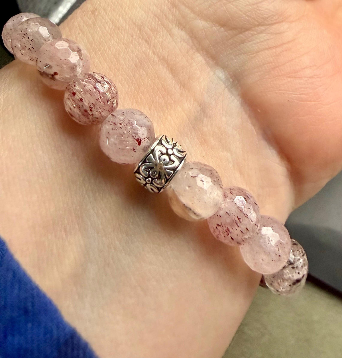 Strawberry Quartz Gemstone Stretch Bracelet with Heart Charm.
