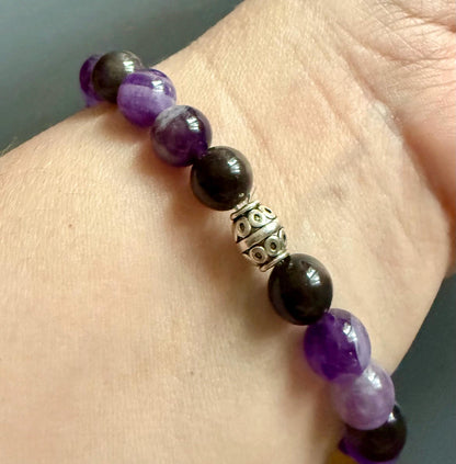 Hekate’s Wheel Strophalos Devotional Bracelet with Amethyst and Black Obsidian Gemstones.