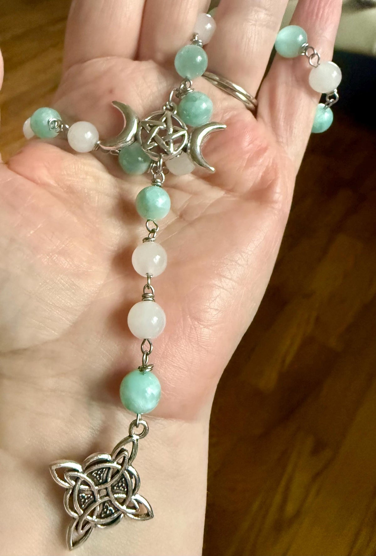 Witch’s Rosary with Angelite and Selenite Gemstones.