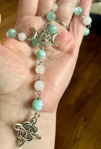 Witch’s Rosary with Angelite and Selenite Gemstones.