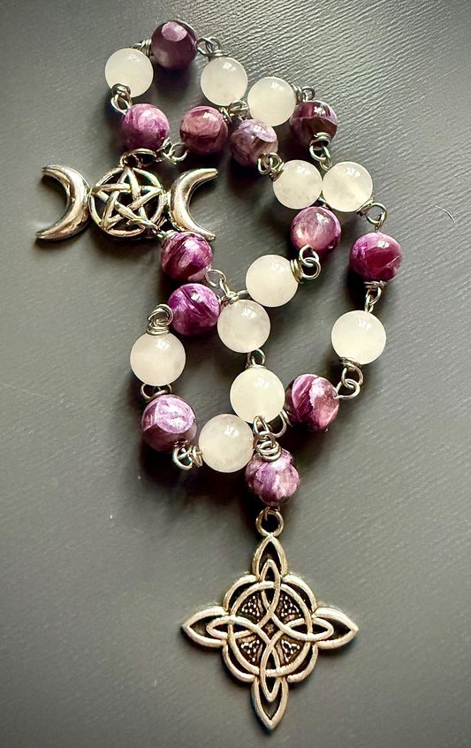 Witch’s Rosary with Golden Lepidolite and Selenite Gemstones.