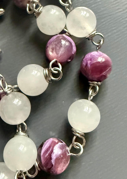Witch’s Rosary with Golden Lepidolite and Selenite Gemstones.