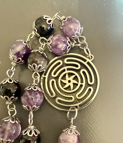 Hekate’s Wheel Strophalos Witches Rosary: Amethyst, Obsidian , and Key Charm.
