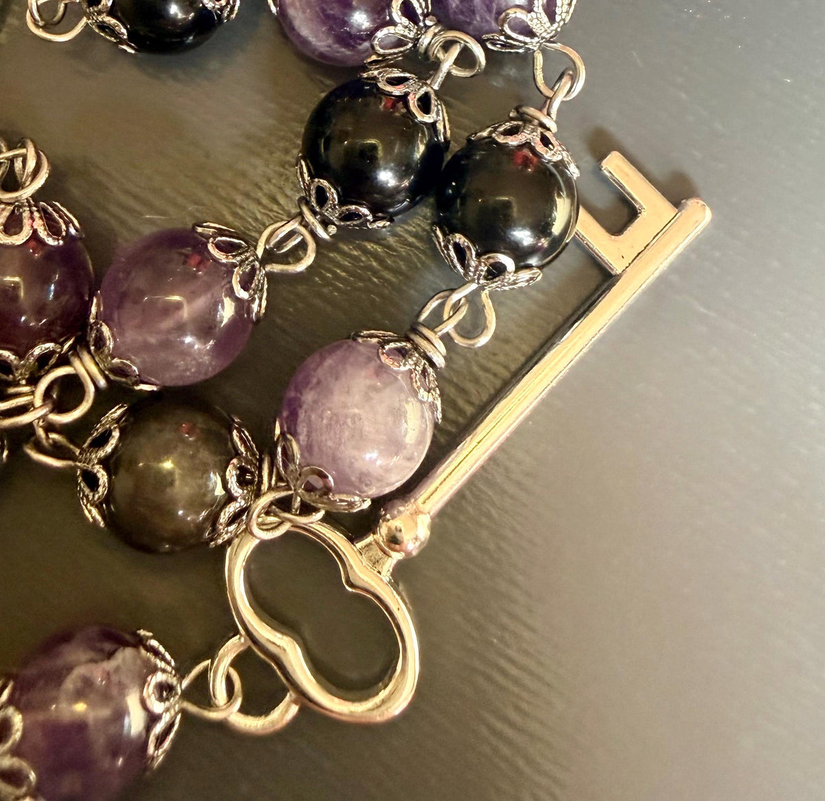 Hekate’s Wheel Strophalos Witches Rosary: Amethyst, Obsidian , and Key Charm.
