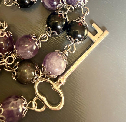 Hekate’s Wheel Strophalos Witches Rosary: Amethyst, Obsidian , and Key Charm.