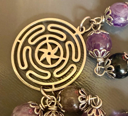 Hekate’s Wheel Strophalos Witches Rosary: Amethyst, Obsidian , and Key Charm.