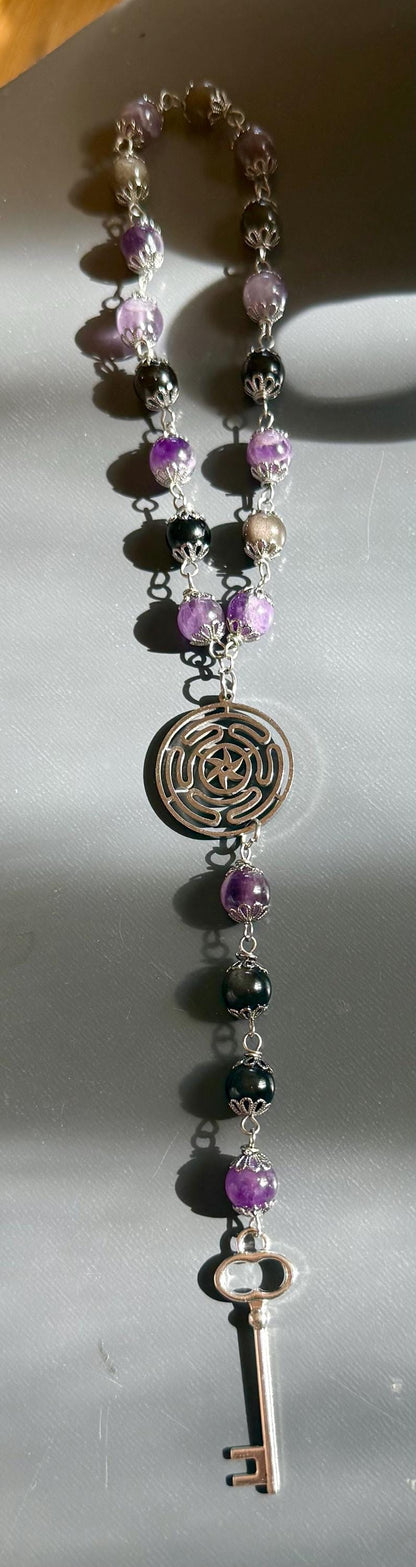 Hekate’s Wheel Strophalos Witches Rosary: Amethyst, Obsidian , and Key Charm.