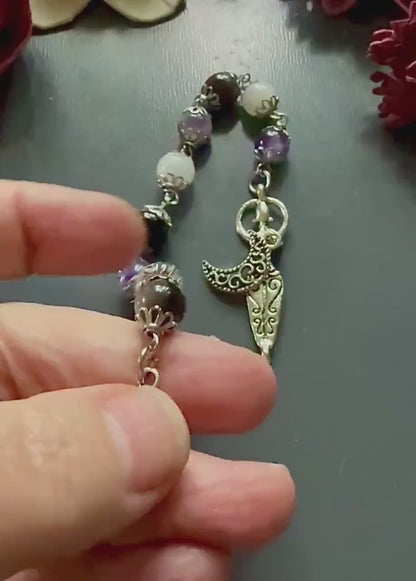 Goddess Hecate Devotional and Prayer Beads:  Amethyst, Obsidian, Moonstone, Moon and Key Charm.