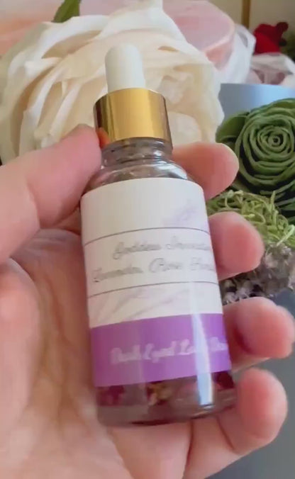 Goddess Invocation Ritual Anointing Oil with Essential Oils, Dried Rose and Lavender Petals.